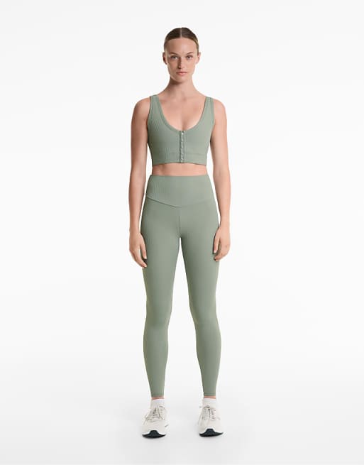 OYSHO Comfortlux High Rise Rib 65cm Ankle-length Leggings In Blue Greenk