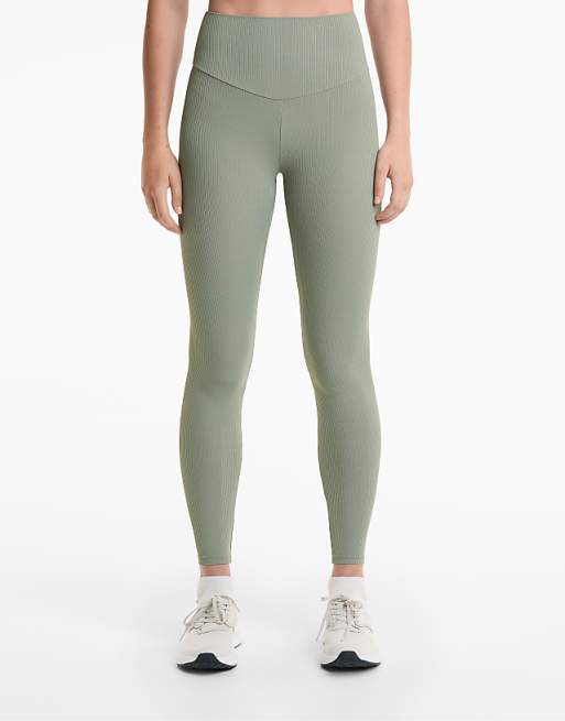 OYSHO Comfortlux high rise rib 65cm ankle-length leggings in blue greenk