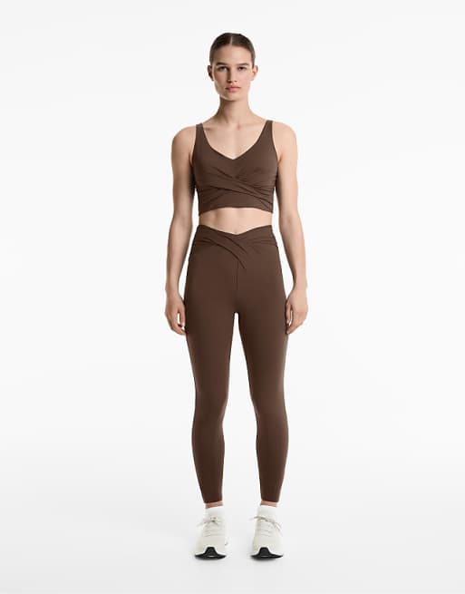 OYSHO Light Touch Draped V-cut Ankle-length Leggings In Dark Brown