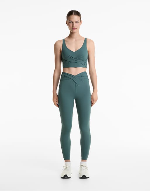 OYSHO Light Touch Draped V-cut Ankle-length Leggings In Washed Petrol Green