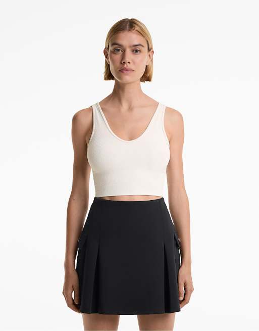 OYSHO Rib structure tank top in pale ecru