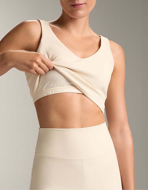 OYSHO Waffle v-neck top in ivory ecru