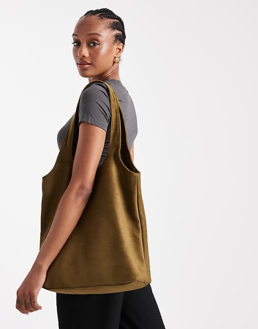 PASQ Faux Suede A Line Tote Bag In Dark Green