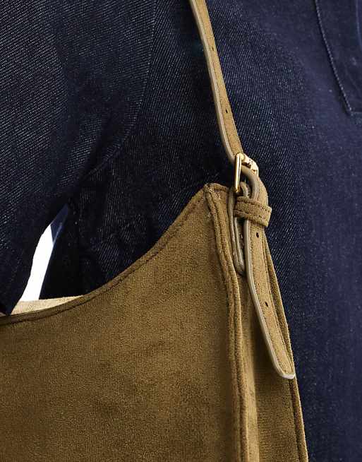 PASQ Faux Suede Shoulder Bag In Dark Green