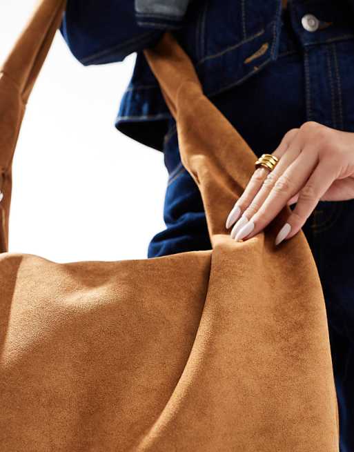 PASQ Faux Suede Slouchy Shoulder Bag In Tan