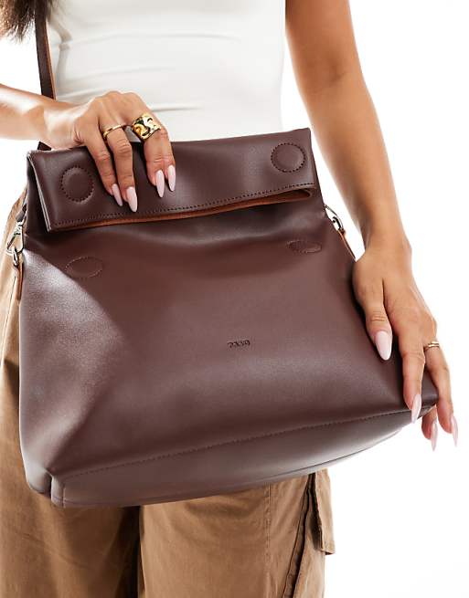 PASQ Large Roll Top Crossbody Clutch In Brown