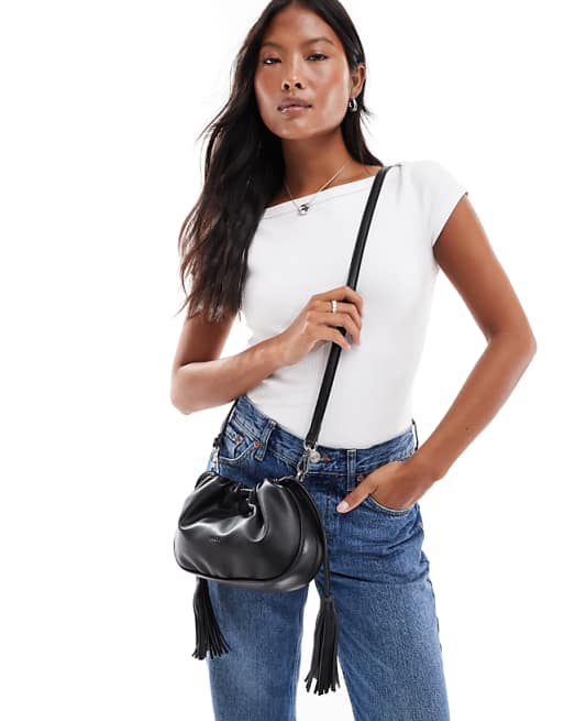 PASQ Rouched Detail Draw String Crossbody Bag In Black