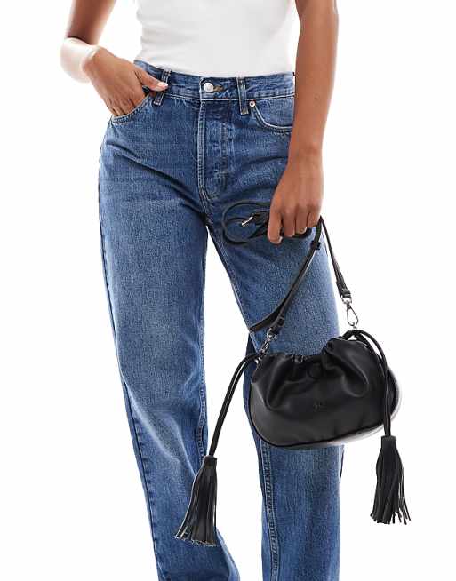 PASQ rouched detail draw string crossbody bag in black