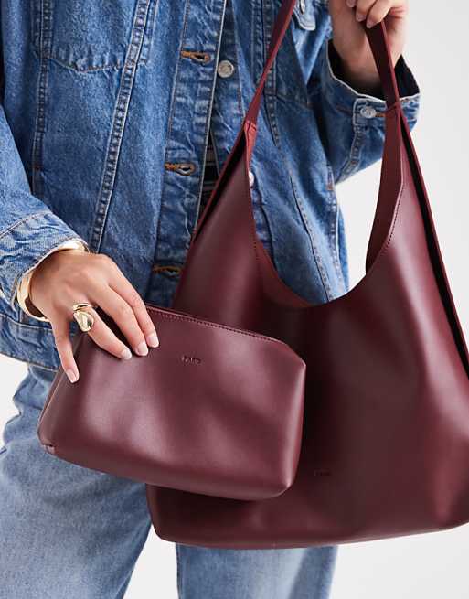 PASQ Slouch Tote Bag With Strap Detail In Burgundy