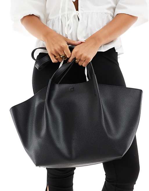 PASQ Textured Twin Strap Tote Bag With Creased Front Details In Black