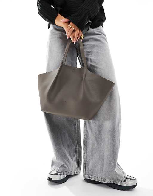 PASQ Textured Twin Strap Tote Bag With Creased Front Details In Grey