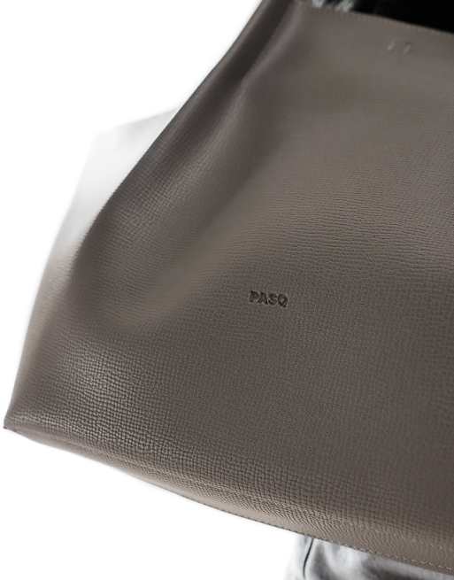 PASQ Textured Twin Strap Tote Bag With Creased Front Details In Grey