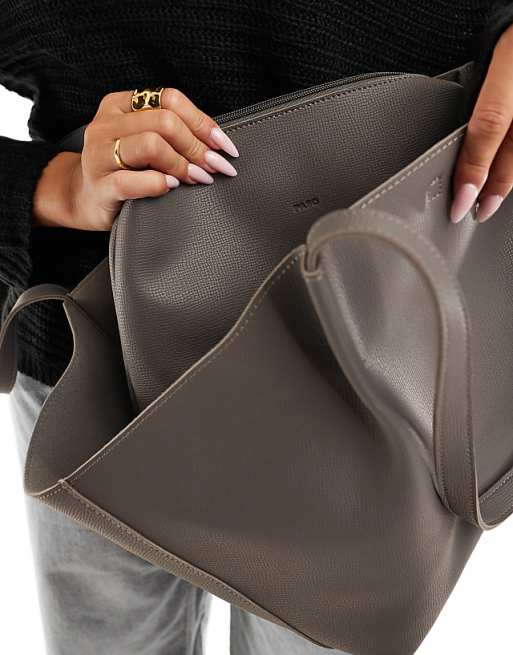 PASQ Textured Twin Strap Tote Bag With Creased Front Details In Grey