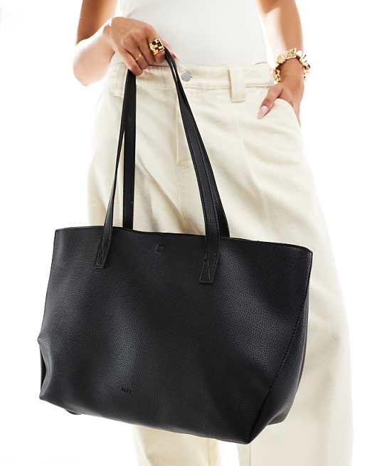 PASQ Textured Twin Strap Tote Bag With Side Clip Details In Black