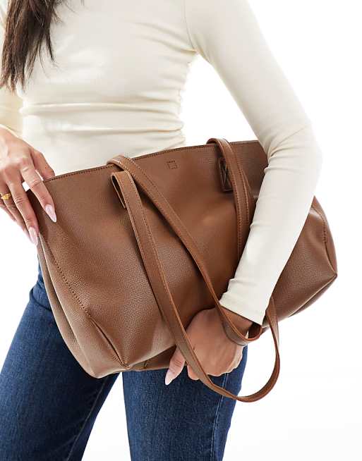 PASQ Textured Twin Strap Tote Bag With Side Clip Details In Dark Taupe