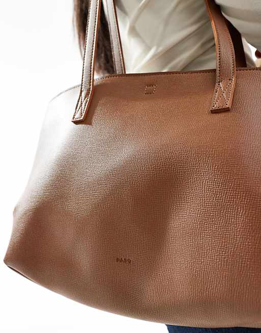 PASQ Textured Twin Strap Tote Bag With Side Clip Details In Dark Taupe