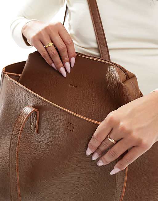 PASQ Textured Twin Strap Tote Bag With Side Clip Details In Dark Taupe