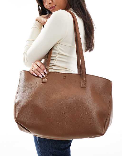 PASQ textured twin strap tote bag with side clip details in dark taupe