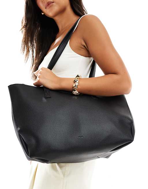 PASQ textured twin strap tote bag with side clip details in black