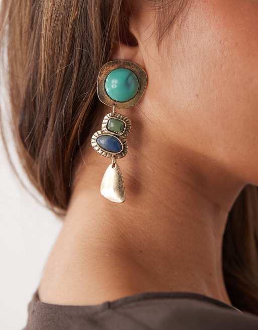 Petit Moments Tacoma Statement Drop Earrings In Gold And Blue Stone
