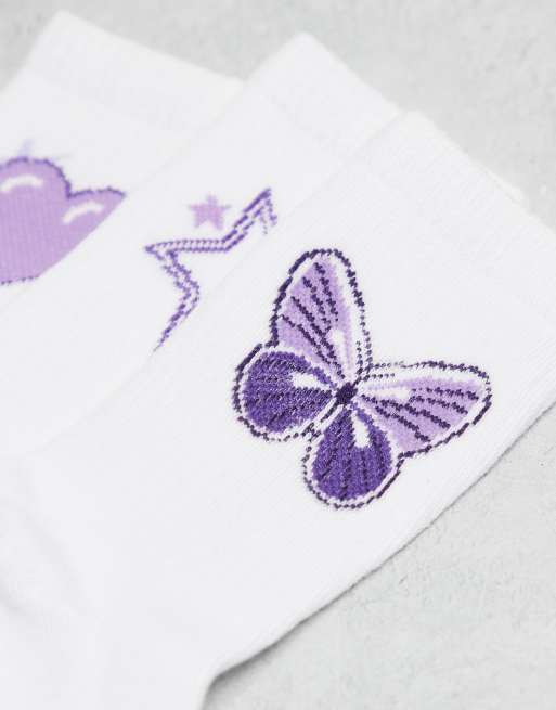 Pieces 3-pack Purple Embroidered Ankle Socks In White