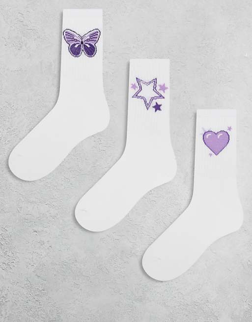 Pieces 3-pack purple embroidered ankle socks in white