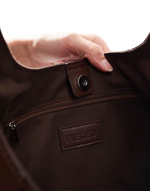 Pieces Leather Look Bucket Bag In Brown