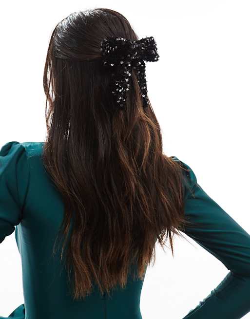 Pieces Sequin Bow Hair Clip In Black
