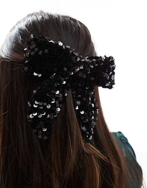 Pieces sequin bow hair clip in black