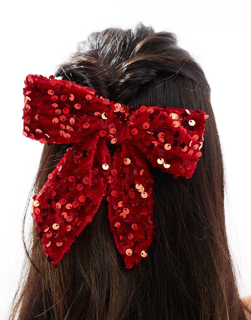 Pieces Sequin Bow Hair Clip In Cherry Red