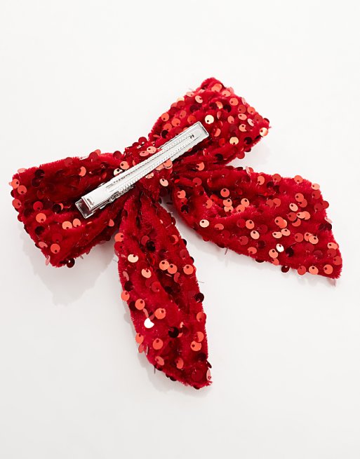 Pieces Sequin Bow Hair Clip In Cherry Red