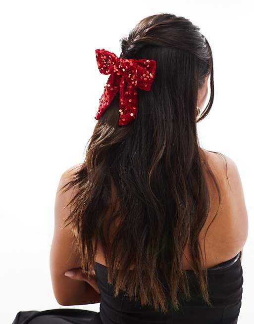 Pieces sequin bow hair clip in cherry red