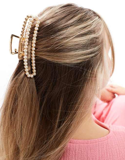 Pieces XL Rectangle Pearl Hair Claw Clip In White Gold