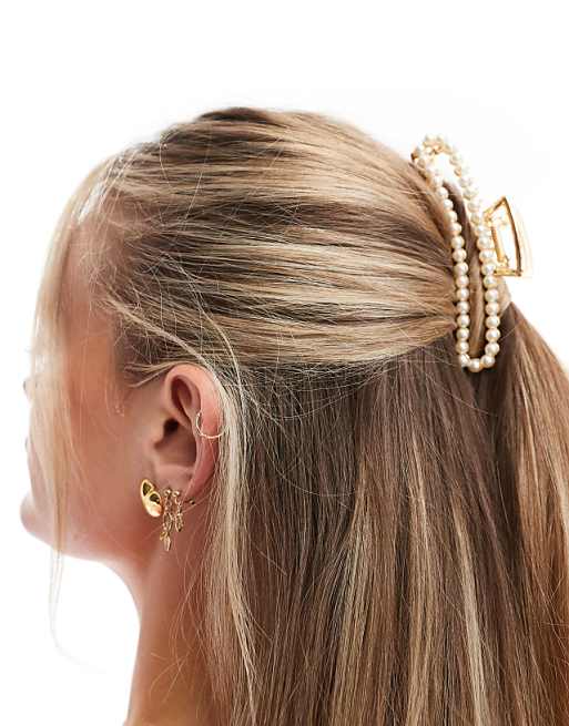 Pieces XL rectangle pearl hair claw clip in white gold
