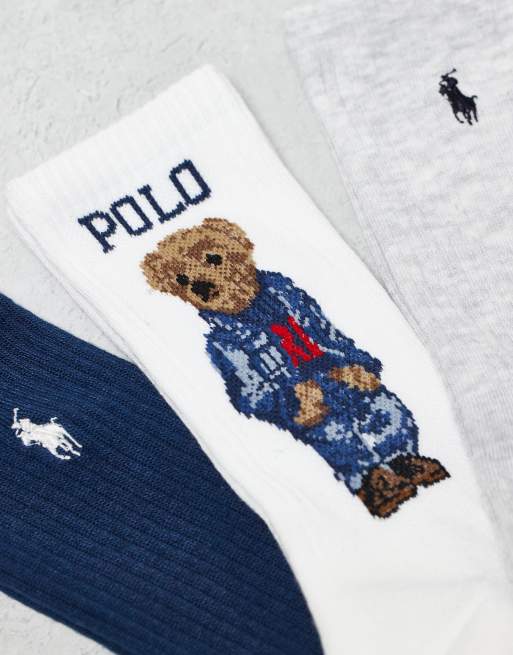 Polo Ralph Lauren 3 Pack Of Socks With Bear And Icon Logo In Grey White And Navy