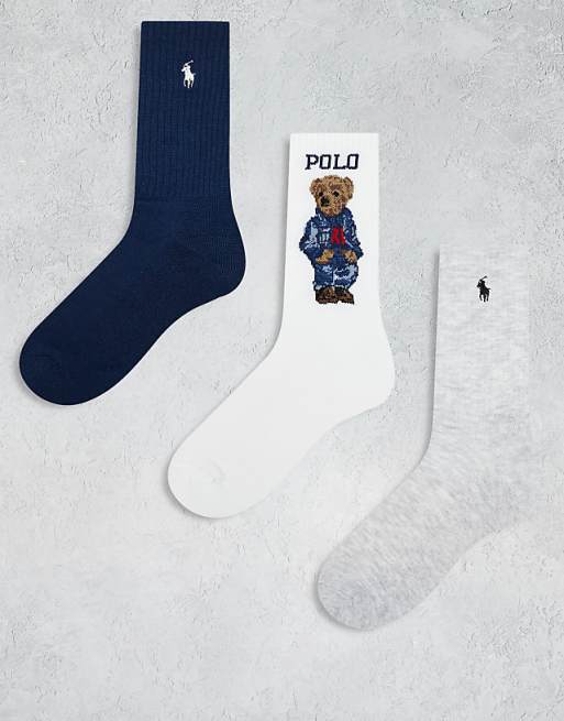 Polo Ralph Lauren 3 pack of socks with bear and icon logo in grey white and navy