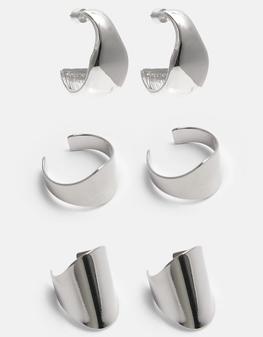 Pull&Bear 3 ear cuffs and hoop earrings pack in silver