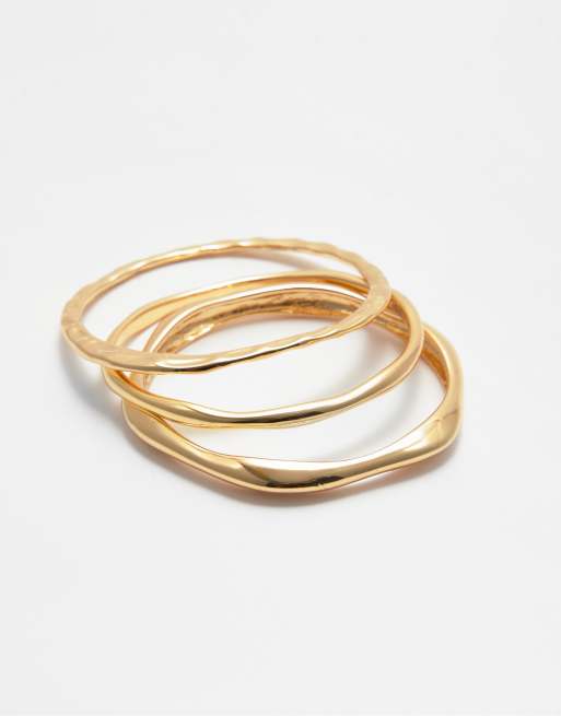 Pull&Bear 3 Pack Of Thin Irregular Bracelets In Gold