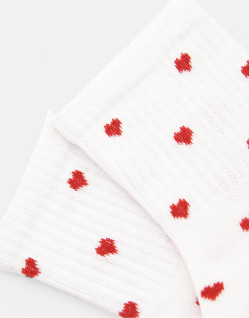 Pull&Bear Lettuce Edge Heart Socks In Red
