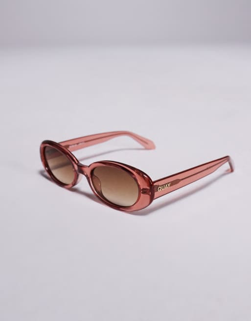 Quay Felt Cute Slim Oval Sunglasses In Pink With Brown Lens