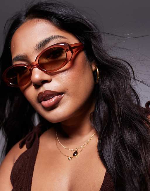 Quay felt cute slim oval sunglasses in pink with brown lens