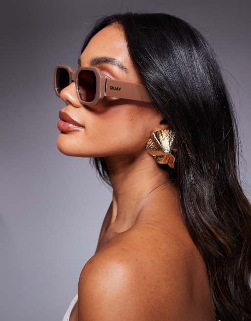 Quay Hyped Up Rectangular Sunglasses In Mocha Brown
