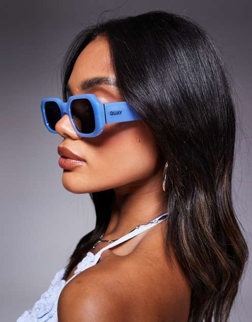 Quay Hyped Up Rectangular Sunglasses In Pale Blue