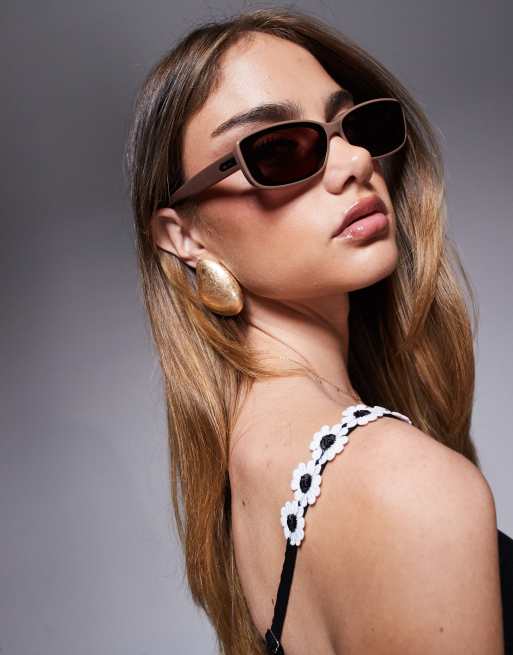 Quay Vibe Check Rectangle Sunglasses In Pink With Brown Lens