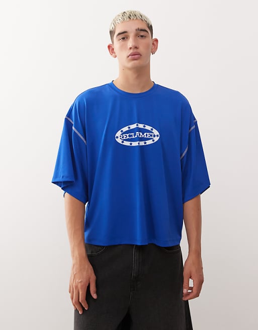 Reclaimed Vintage airtex boxy t-shirt with branded star graphic in cobalt blue