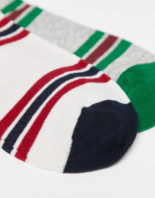 Reclaimed Vintage Ankle Sock 2 Pack With White And Red Stripe And Grey And Green Stripe