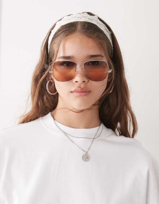 Reclaimed Vintage Aviator With Ombre Orange Lens In Silver
