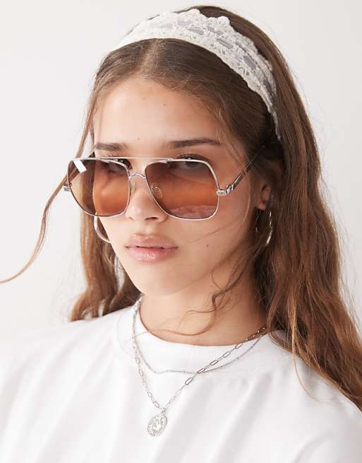 Reclaimed Vintage aviator with ombre orange lens in silver