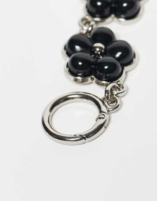 Reclaimed Vintage Bag Charm And Key Ring With Black Flowers In Silver