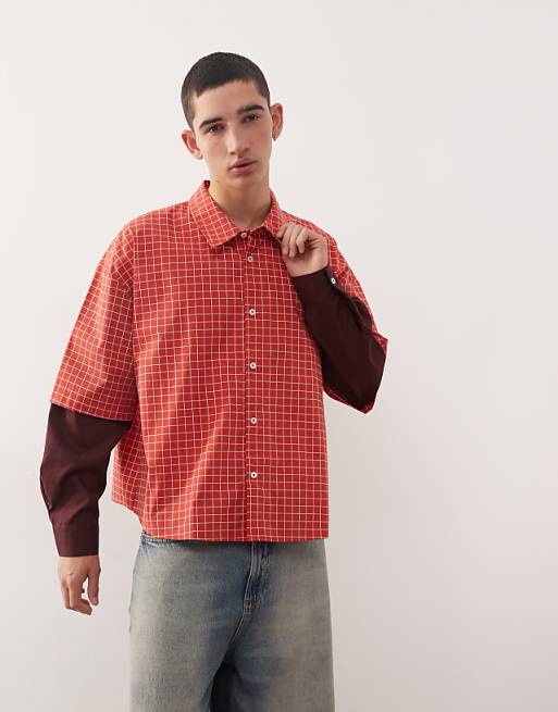 Reclaimed Vintage boxy crop red check shirt with double layer sleeve in burgundy